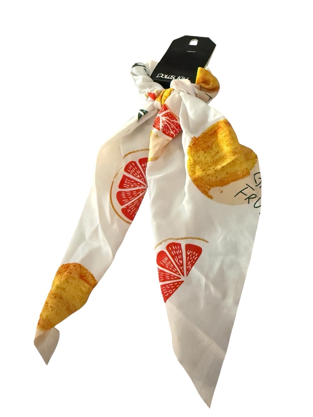 White Fruit Print Hair Scarf scrunchie with Orange Grapefruit Motif